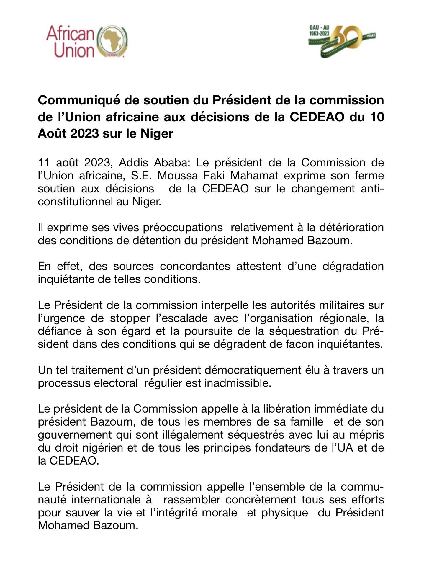 image La commission de l’UA alerte sur les conditions de détention de Bazoum